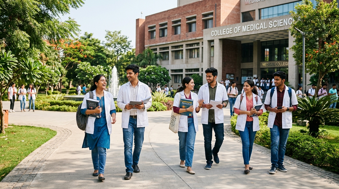 Diverse group of ambitious Indian medical students walking on campus