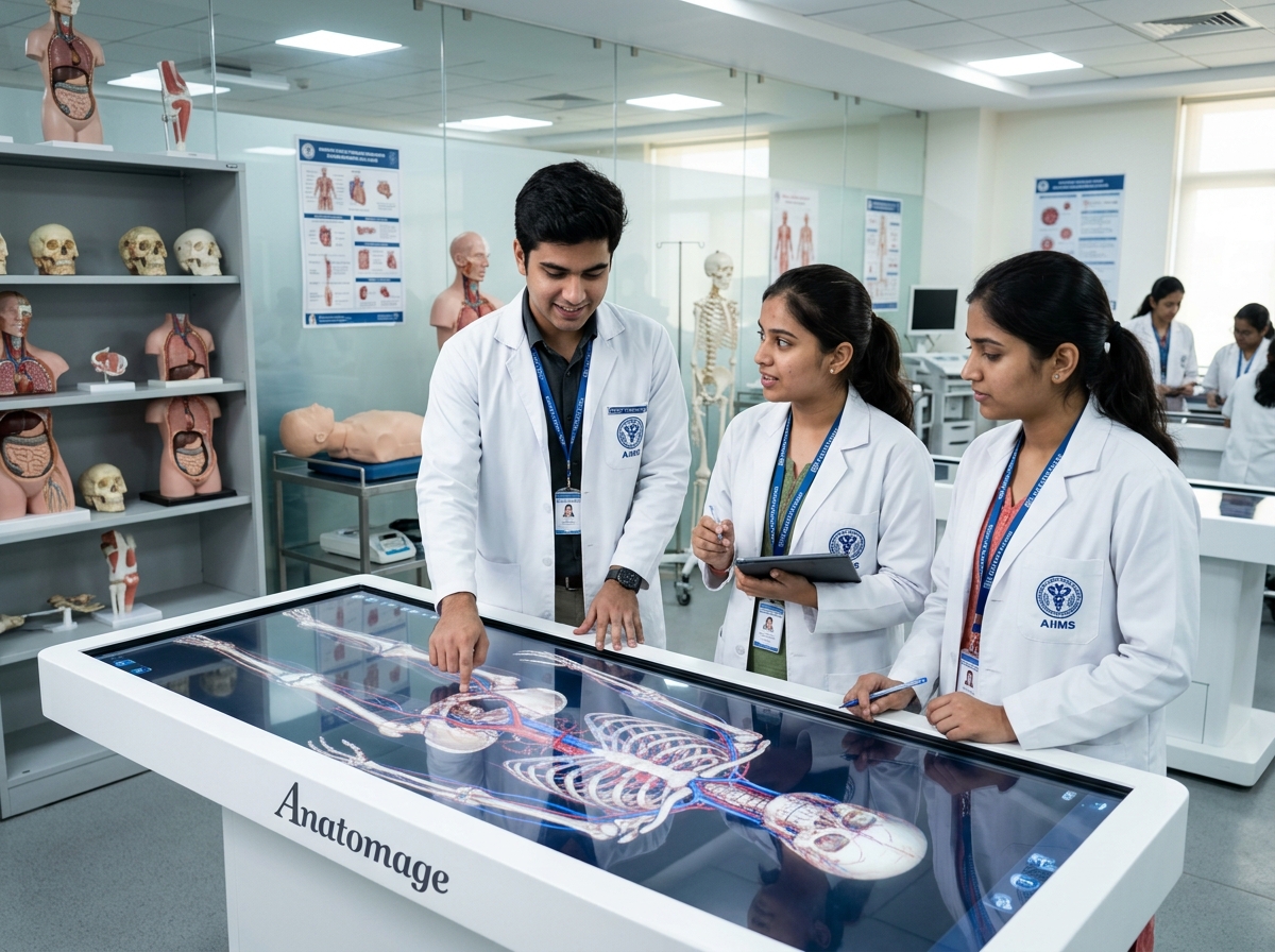 Medical students learning with 3D digital simulation table and anatomy models
