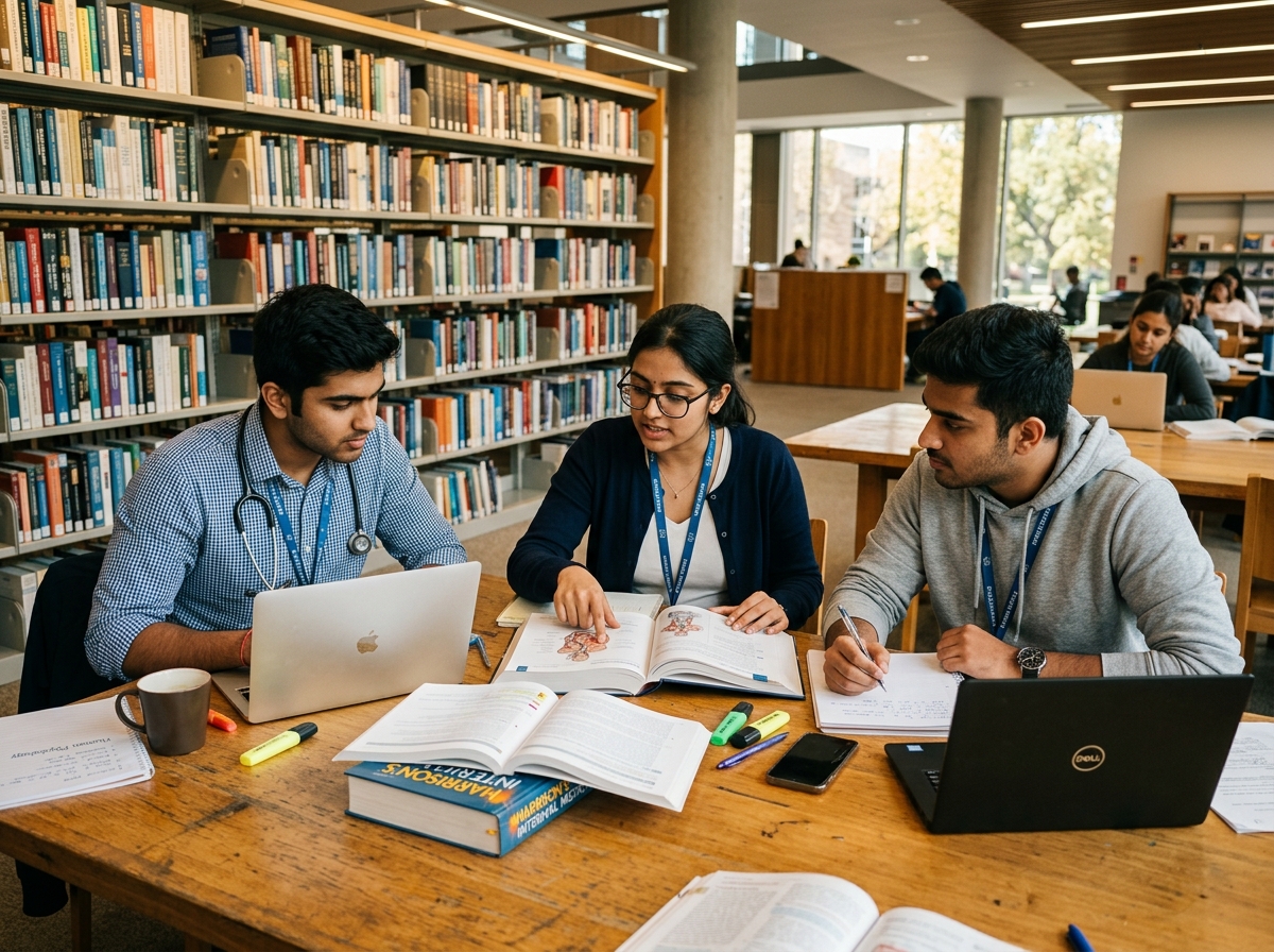 Medical students collaborating in a modern architectural library