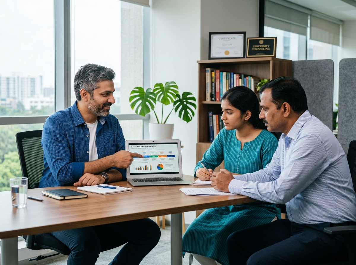Empathetic education counsellor guiding an Indian student and parent with digital charts